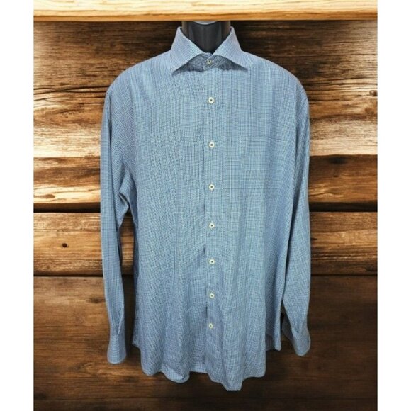 Peter Millar Mens Blue/Green Gingham Dress Shirt Large - Picture 1 of 7